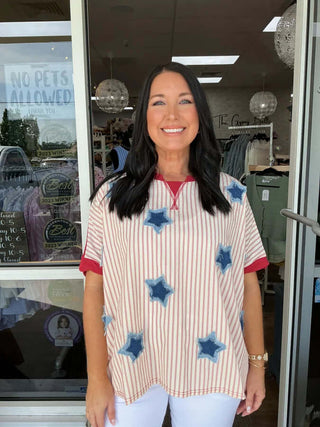 Red Stripe Oversized Top with Star Patches, FINAL SALE - Casual women's fashion, comfortable fit, stylish design.