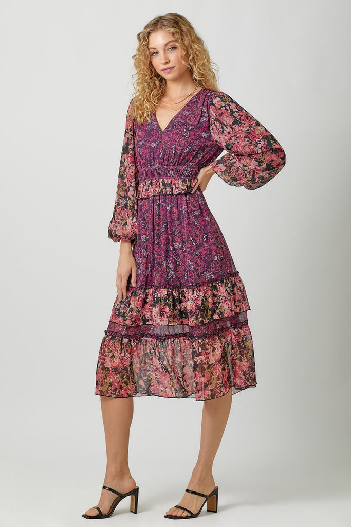 Plum Mix Floral Midi Dress - The Gypsy Belle Boutique