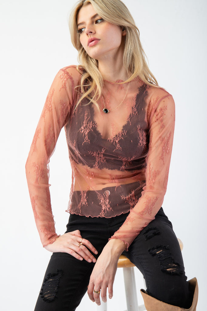 Easel - Mauve Sheer Floral Lace Long Slv Layering Top - The Gypsy Belle Boutique