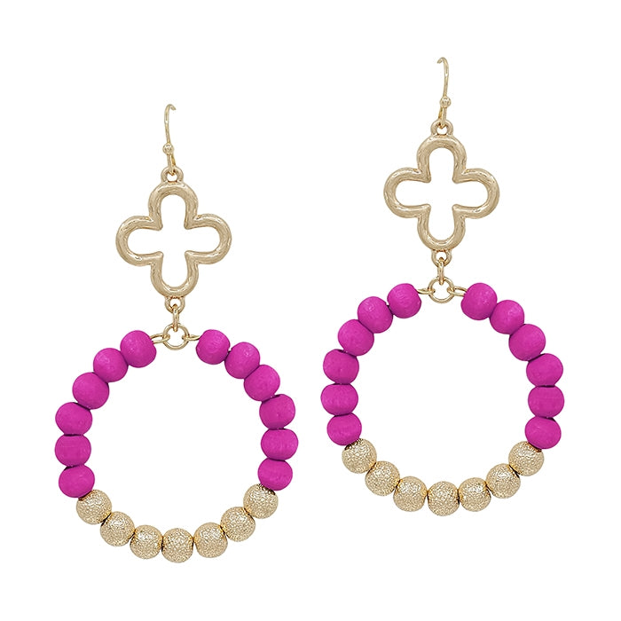 Hot Pink Wood and Gold Beaded Hoop with Clover 2" Earrings - The Gypsy Belle Boutique