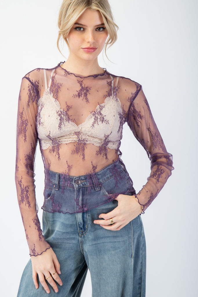 Easel - Purple Sheer Floral Lace Long Slv Layering Top - The Gypsy Belle Boutique