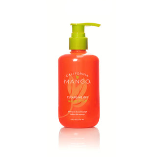 Bright red California Mango cleansing gel hand soap bottle with lime green pump dispenser.
