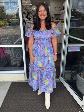 Blue & lavender floral puff sleeve midi dress by &Merci, final sale. Perfect for a chic, feminine look.