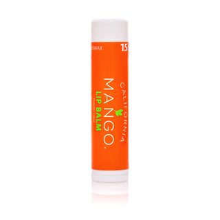 Bright orange lip balm tube with white cap, labeled California Mango SPF 15.
