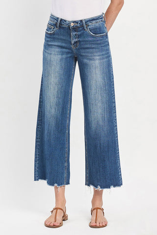 Lovervet LV1246 Mid Rise Wide Leg Crop Raw Hem Jeans