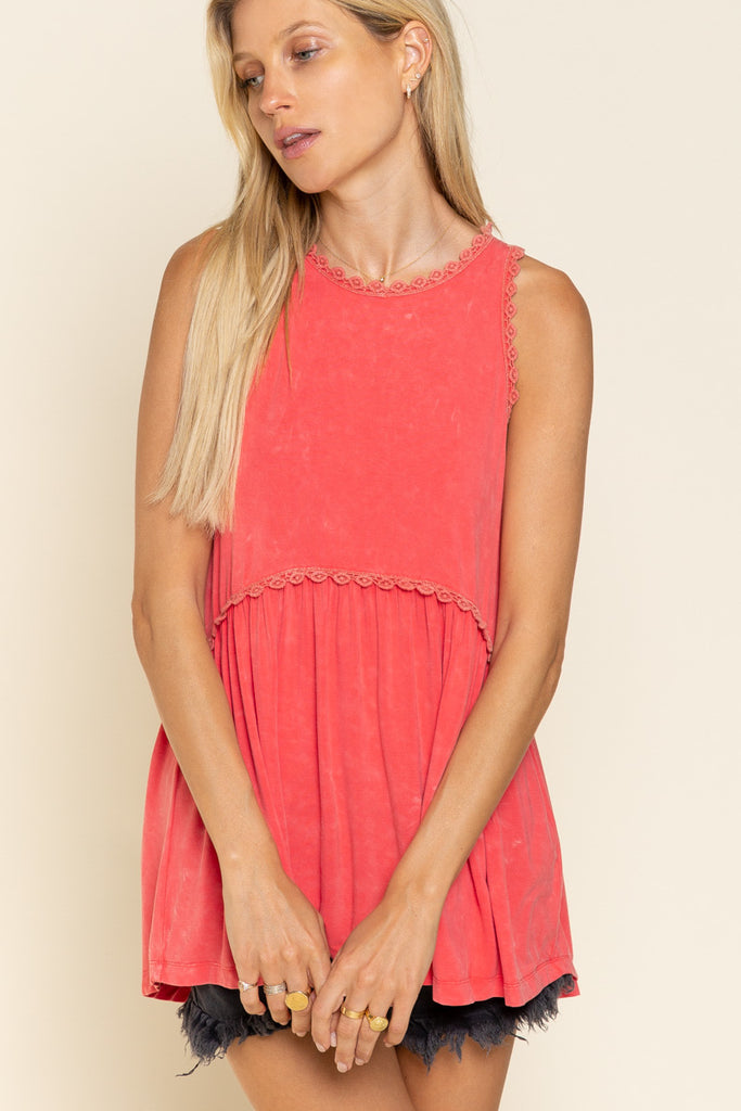 POL -Coral Crochet Trim Sleeveless Top - The Gypsy Belle Boutique