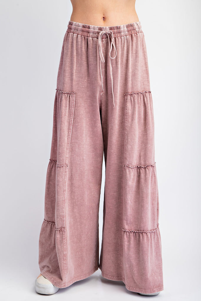 Easel Mauve Mineral Wash Tiered Wide Leg Pant - The Gypsy Belle Boutique