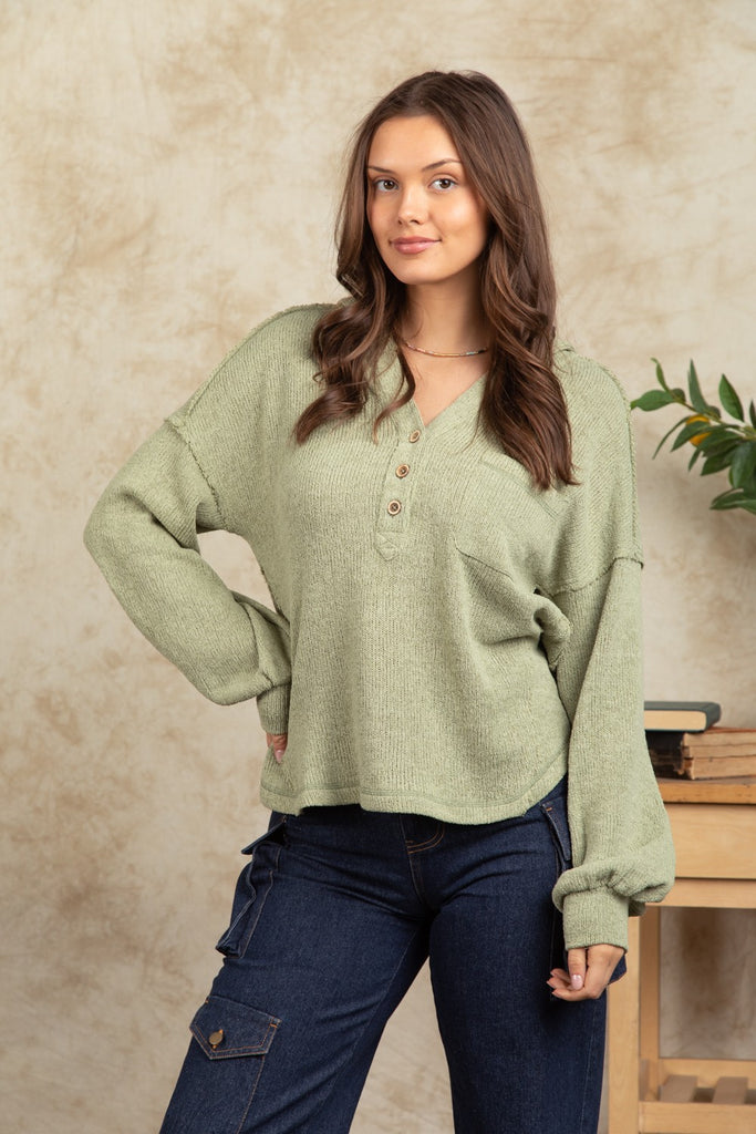 VeryJ - Sage Button Long Slv Top - The Gypsy Belle Boutique