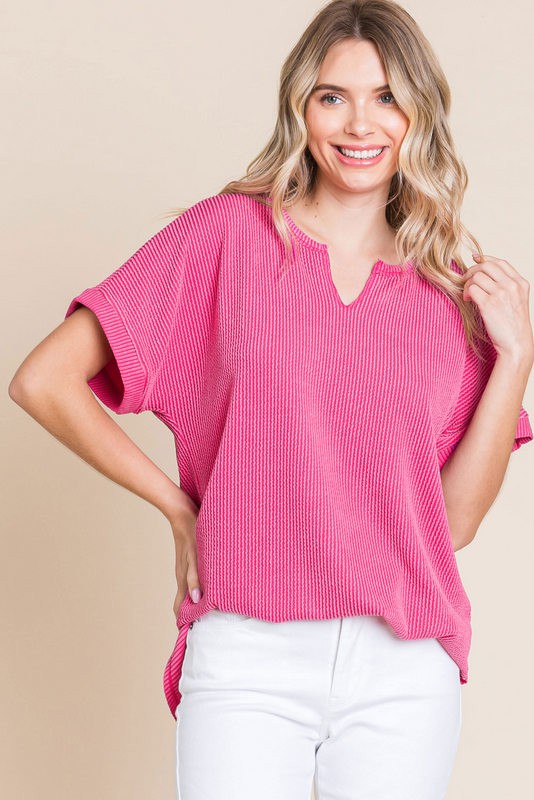 Jodifl - Hot Pink Comfy Cord Split Neck Top - The Gypsy Belle Boutique