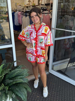 Poppy Red RicRac Fruit Print Short Set for Kids, Vibrant and Stylish Summer Outfit, Final Sale