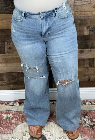 Judy Blue 88933 MidRise Tummy Control Distressed Wide Leg Jeans with frayed hems displayed on a white background.