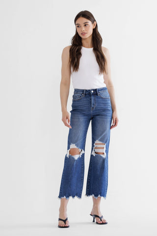 MICA F3048M Jeans 90s Vintage Crop Flare Dark Wash Distressed