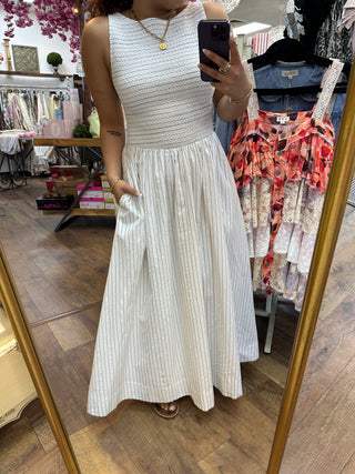 White & Black Pinstripe Smocked Sleeveless Midi Dress