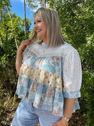 POL Ivory & Blue Tiered Floral Top