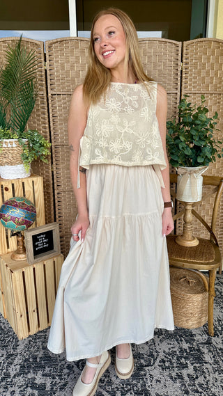 Sweet Summer Rain Embroidered Vest Midi Dress
