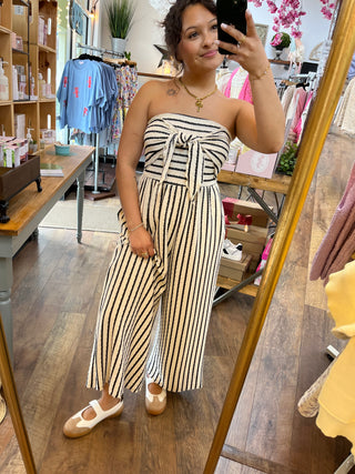 Black & Ivory Stripe Strapless Jumpsuit