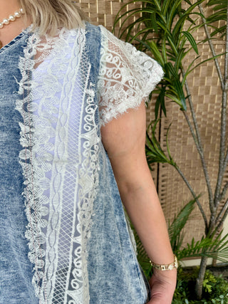 Alternate view of POL Hopelessly Devoted Chambray Patchwork Top
