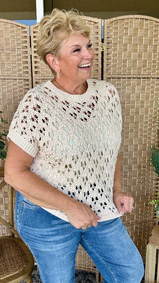 Alternate view of Vacay Ready Open Weave Oatmeal Sweater Top

