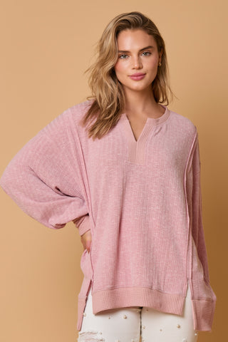 Fantastic Fawn Mauve Knit Rib Loose Fit Split Neck Top