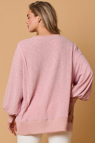 Fantastic Fawn Mauve Knit Rib Loose Fit Split Neck Top