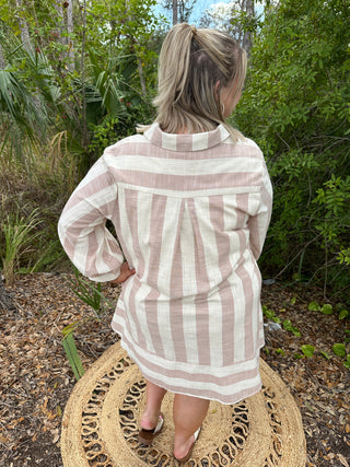 Alternate view of Like Love Oatmeal & Taupe Stripe Linen Look 3/4 Sleeve Dress
