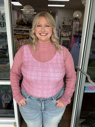 Easel Mauve Plaid Mesh Layering Top with long sleeves and flattering fit, perfect for stylish layering and comfort.