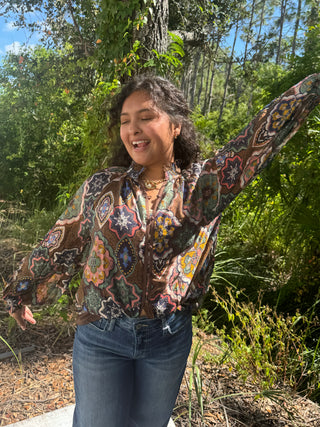 Umgee Brown Mandala Mix Button Down Top