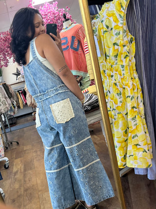 Alternate view of POL Denim & Ivory Eyelet Overalls
