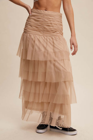 Listicle Maxi Skirt in Taupe: Cinched, Tiered High Waist Tulle Skirt for Elegant Style and Comfortable Fit.