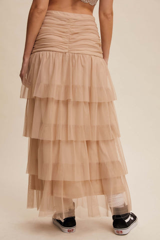 Listicle Taupe Maxi Skirt: Cinched, Tiered Tulle High Waist, Elegant Flowing Design
