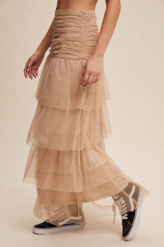 Alt text: "Listicle Maxi Skirt in Taupe, Cinched & Tiered High Waist Tulle, Elegant and Flowy Fashion Piece