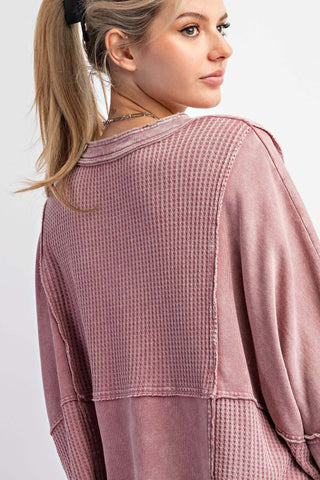 Women's Dusty Mauve Mineral Wash V Neck Top by Easel, featuring a relaxed fit and soft, textured fabric for casual elegance.