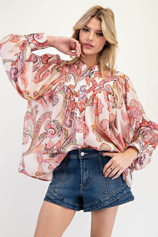 Chic Pink Paisley Print Long Bubble Sleeve Top for Women - Stylish, Comfortable, and Versatile Fashion Piece