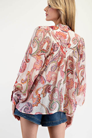 Pink Paisley Print Long Bubble Sleeve Top ee:some - Stylish feminine top with vibrant design, ideal for trendy casual wear.