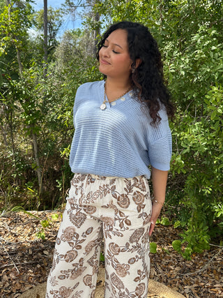 Sky Blue Short Slv Textured V Neck Woven Top