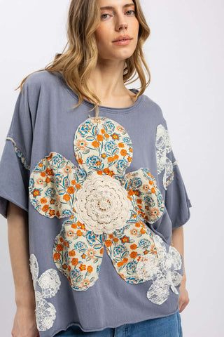 Stylish Blue Velvet Orange Ivory Lace Flower Patchwork Oversized Top - Trendy and Unique Design for Fashion Enthusiasts