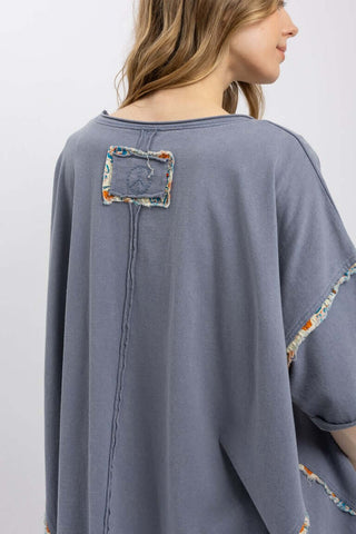 Blue Velvet Lace Flower Patchwork Top with Orange and Ivory Accents, Oversized Fit, Chic and Stylish Design