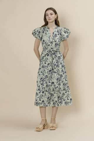 A & She Sage & Navy Floral Split Neck Midi Dress