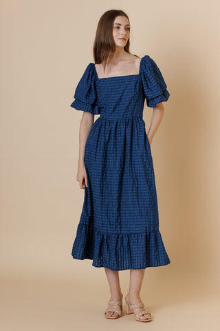 A & She Navy Textured Puff Sleeve Midi Dress