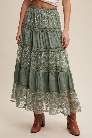 Listicle Sage Floral Embroidered Tiered Maxi Skirt
