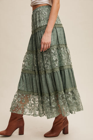 Listicle Sage Floral Embroidered Tiered Maxi Skirt