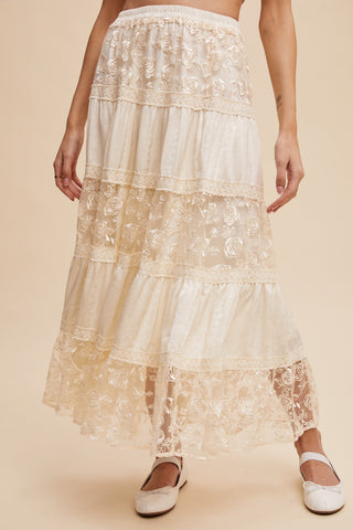 Listicle Ivory Floral Embroidered Tiered Maxi Skirt
