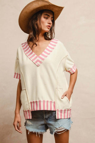 Bibi Ivory Top with Pink Stripe Contrast Trim, Oversized Fit – Stylish and Comfortable Women's Fashion Blouse