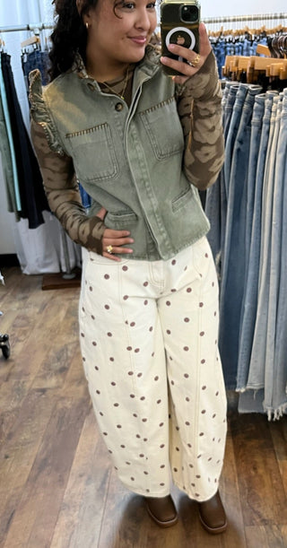 Olive Washed Denim Stitch Ruffled Hidden Button Vest Top