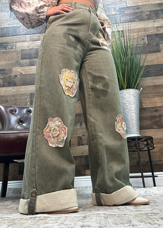 POL Olive Floral Patchwork Accent Wide Leg Cuff Pants