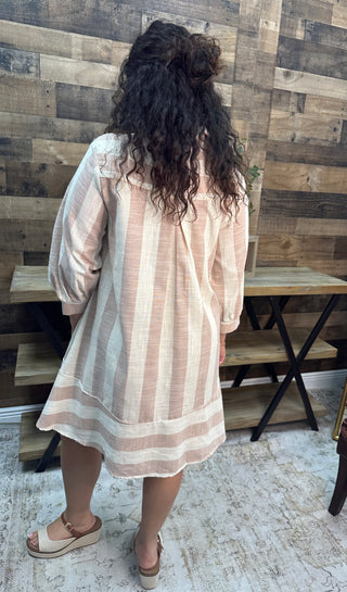 Alternate view of Like Love Oatmeal & Taupe Stripe Linen Look 3/4 Sleeve Dress
