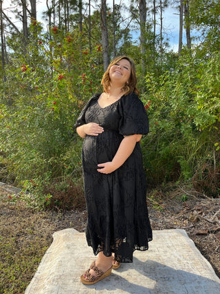 Polagram Black Textured Tiered Puff Sleeve Midi Dress