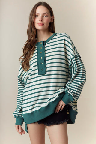 Peach Love Cream & Green Stripe Contrast Placket Sweatshirt