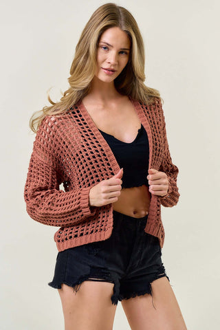 Alt text: "Doe & Rae Crochet Open Weave Cropped Cardigan in beige and white, displayed on a hanger against a plain white background.