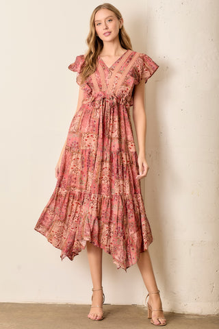 Polagram Terracotta Dream Floral Patchwork Ruffle Sleeve Midi Dress